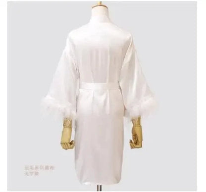 Women FEATHER Bride Bridesmaid Wedding Robe Satin Kimono Bathrobe Gown Nightwear Embroidery Letter Nightgown V-Neck Lingerie - A-1 Thread Vault