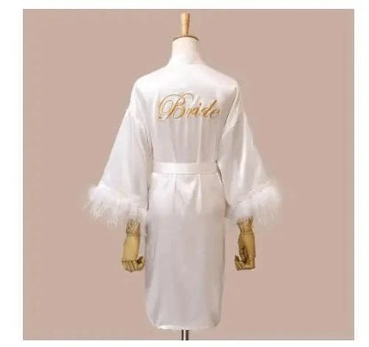 Women FEATHER Bride Bridesmaid Wedding Robe Satin Kimono Bathrobe Gown Nightwear Embroidery Letter Nightgown V-Neck Lingerie - A-1 Thread Vault