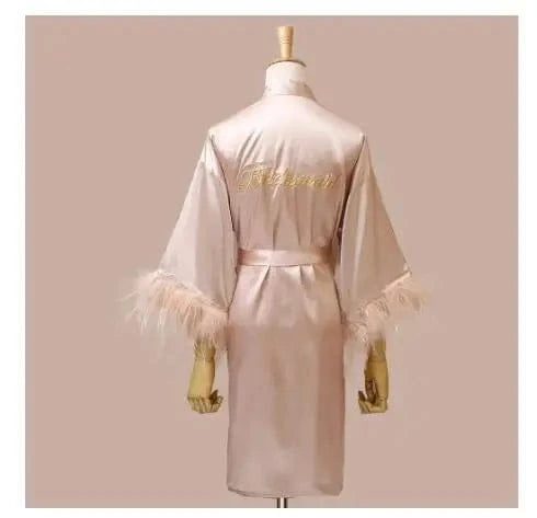 Women FEATHER Bride Bridesmaid Wedding Robe Satin Kimono Bathrobe Gown Nightwear Embroidery Letter Nightgown V-Neck Lingerie - A-1 Thread Vault