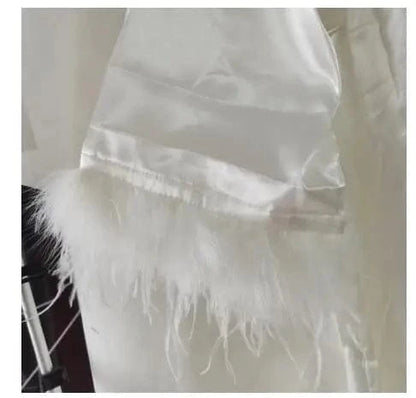 Women FEATHER Bride Bridesmaid Wedding Robe Satin Kimono Bathrobe Gown Nightwear Embroidery Letter Nightgown V-Neck Lingerie - A-1 Thread Vault