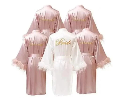 Women FEATHER Bride Bridesmaid Wedding Robe Satin Kimono Bathrobe Gown Nightwear Embroidery Letter Nightgown V-Neck Lingerie - A-1 Thread Vault