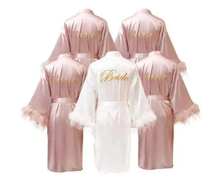 Women FEATHER Bride Bridesmaid Wedding Robe Satin Kimono Bathrobe Gown Nightwear Embroidery Letter Nightgown V-Neck Lingerie - A-1 Thread Vault