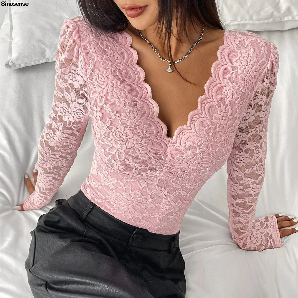 Women Floral Lace Scallop Trim Teddy Bodysuit Long Sleeve V Neck Slimming Body Shaper Sexy Night Club Party Leotards Tops - A-1 Thread Vault