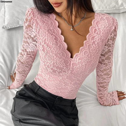 Women Floral Lace Scallop Trim Teddy Bodysuit Long Sleeve V Neck Slimming Body Shaper Sexy Night Club Party Leotards Tops - A-1 Thread Vault