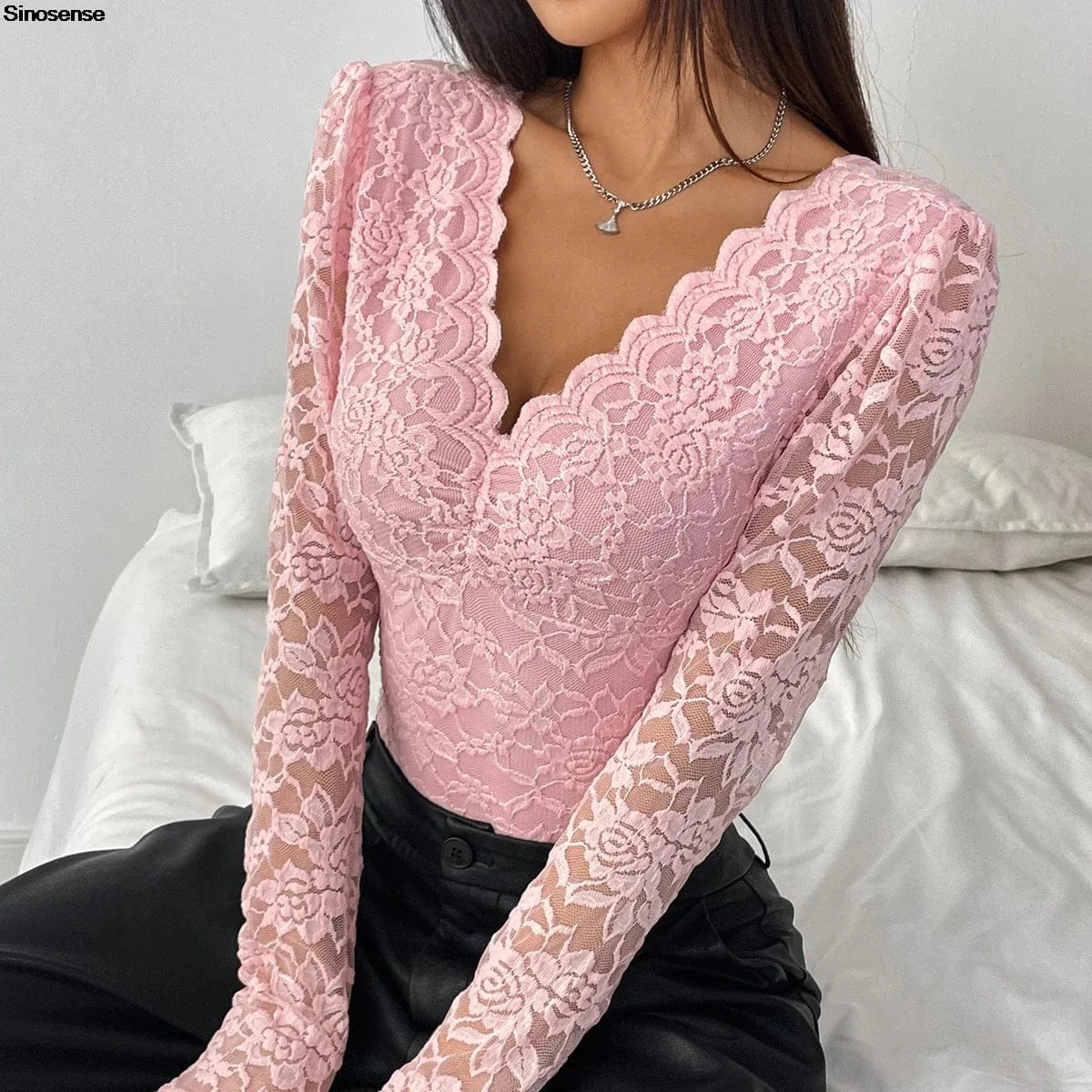 Women Floral Lace Scallop Trim Teddy Bodysuit Long Sleeve V Neck Slimming Body Shaper Sexy Night Club Party Leotards Tops - A-1 Thread Vault