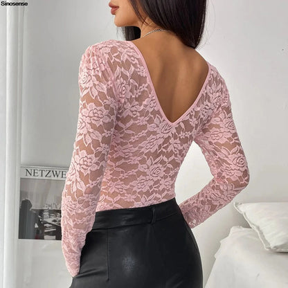 Women Floral Lace Scallop Trim Teddy Bodysuit Long Sleeve V Neck Slimming Body Shaper Sexy Night Club Party Leotards Tops - A-1 Thread Vault