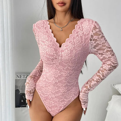 Women Floral Lace Scallop Trim Teddy Bodysuit Long Sleeve V Neck Slimming Body Shaper Sexy Night Club Party Leotards Tops - A-1 Thread Vault