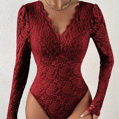 Women Floral Lace Scallop Trim Teddy Bodysuit Long Sleeve V Neck Slimming Body Shaper Sexy Night Club Party Leotards Tops - A-1 Thread Vault