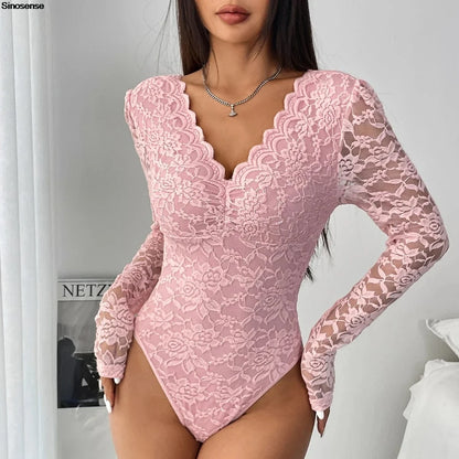 Women Floral Lace Scallop Trim Teddy Bodysuit Long Sleeve V Neck Slimming Body Shaper Sexy Night Club Party Leotards Tops - A-1 Thread Vault