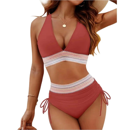 Women High Waisted Bikini Sets Tummy Control Swimsuits Color Block Two Piece Drawstring Bathing Suit Adjustable Shoulder Straps - A-1 Thread Vault