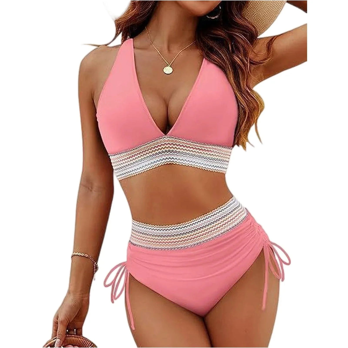Women High Waisted Bikini Sets Tummy Control Swimsuits Color Block Two Piece Drawstring Bathing Suit Adjustable Shoulder Straps - A-1 Thread Vault