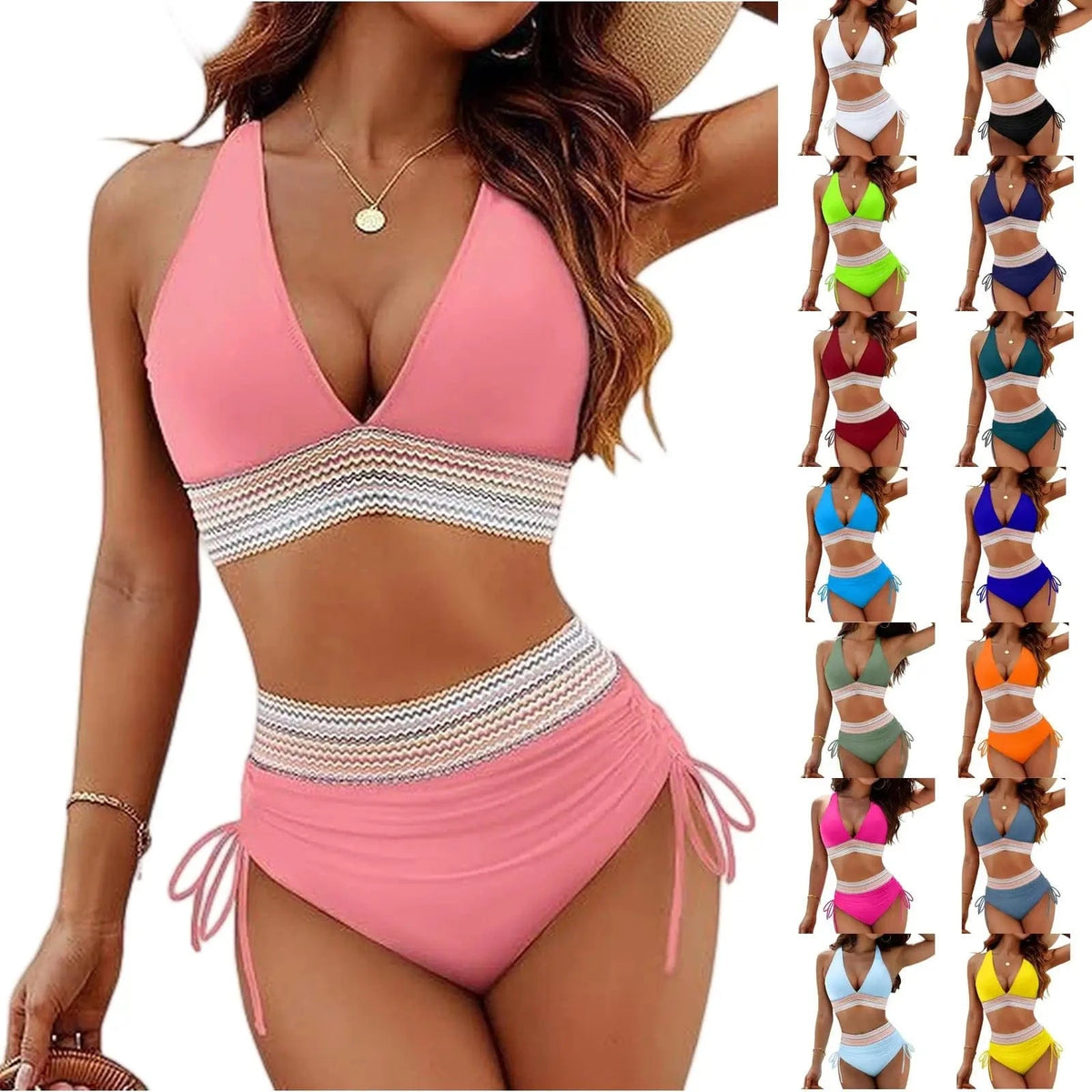 Women High Waisted Bikini Sets Tummy Control Swimsuits Color Block Two Piece Drawstring Bathing Suit Adjustable Shoulder Straps - A-1 Thread Vault
