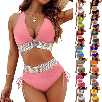 Women High Waisted Bikini Sets Tummy Control Swimsuits Color Block Two Piece Drawstring Bathing Suit Adjustable Shoulder Straps - A-1 Thread Vault