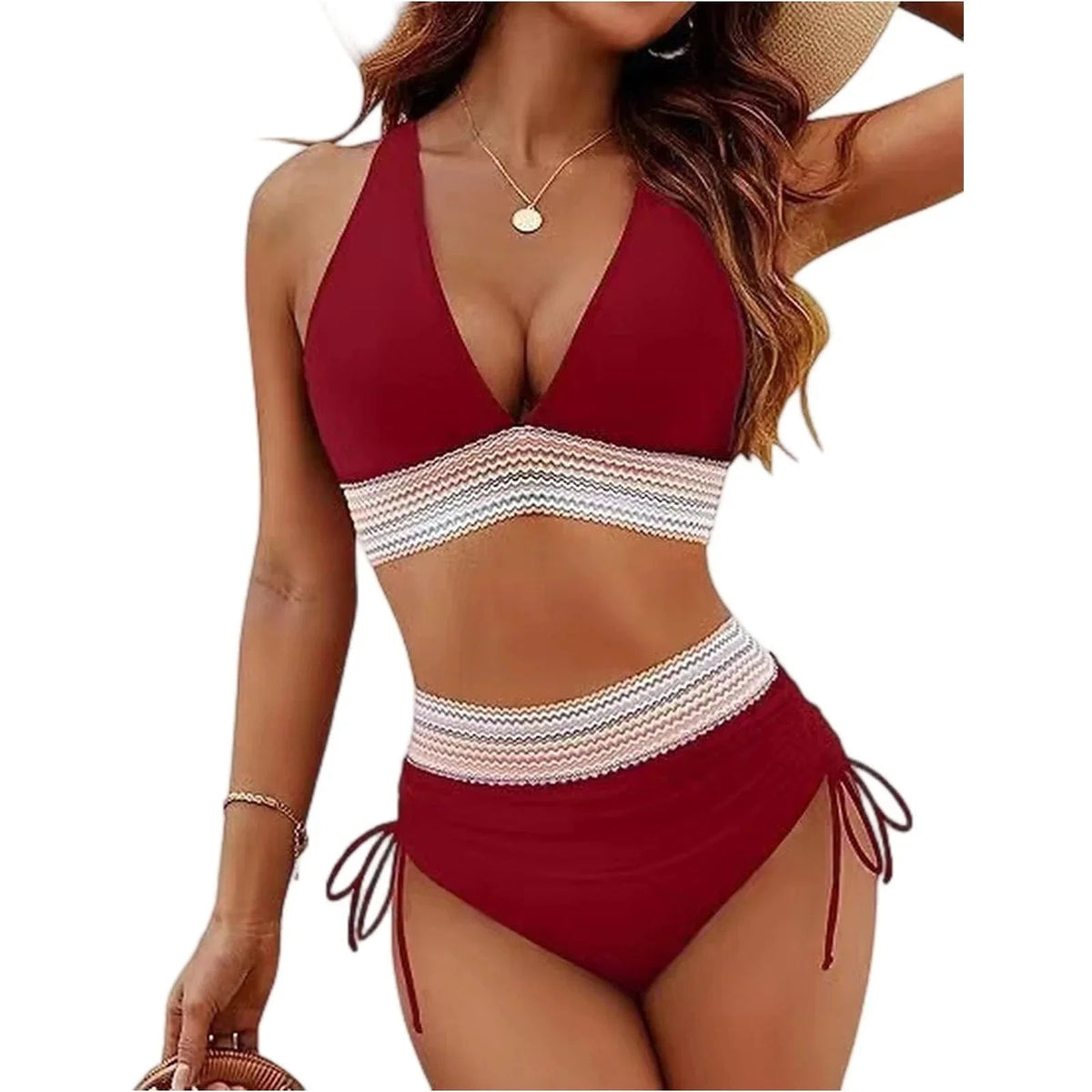Women High Waisted Bikini Sets Tummy Control Swimsuits Color Block Two Piece Drawstring Bathing Suit Adjustable Shoulder Straps - A-1 Thread Vault