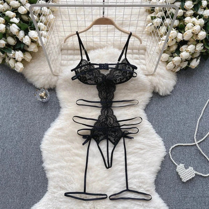 Women' Hollow Lace Camisole Bodysuit V-Neck Backless Sleeveless Erotic Lingerie Slim Fit Bow Pajamas Sexy Black Sheer Playsuit - A-1 Thread Vault