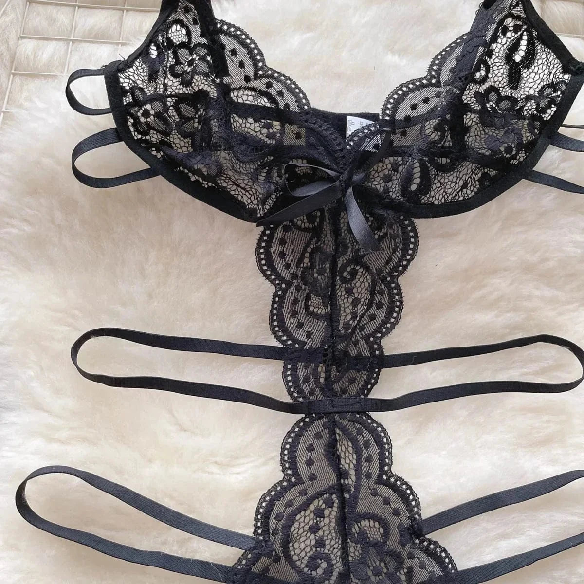 Women' Hollow Lace Camisole Bodysuit V-Neck Backless Sleeveless Erotic Lingerie Slim Fit Bow Pajamas Sexy Black Sheer Playsuit - A-1 Thread Vault