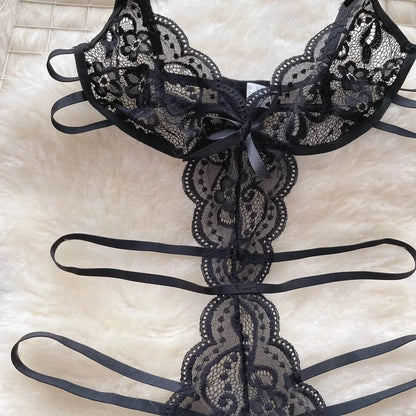 Women' Hollow Lace Camisole Bodysuit V-Neck Backless Sleeveless Erotic Lingerie Slim Fit Bow Pajamas Sexy Black Sheer Playsuit - A-1 Thread Vault