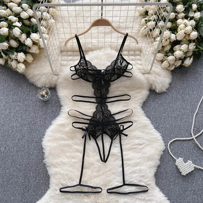 Women' Hollow Lace Camisole Bodysuit V-Neck Backless Sleeveless Erotic Lingerie Slim Fit Bow Pajamas Sexy Black Sheer Playsuit - A-1 Thread Vault