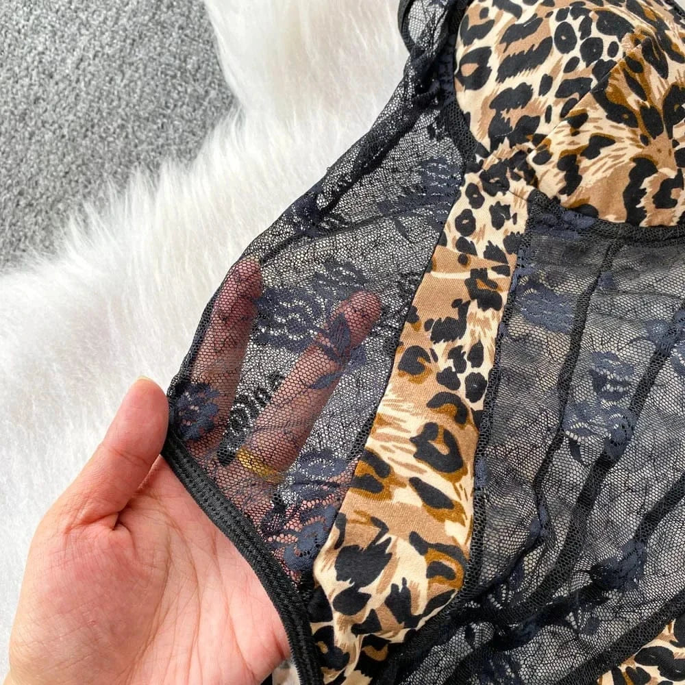 Women Hotsweet V-neck leopard slim Vintage Straps Bodysuits Chic lace Jumpsuits Slim Top Clothing - A-1 Thread Vault