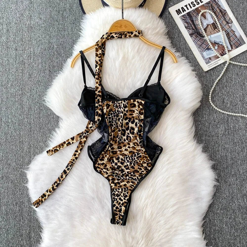 Women Hotsweet V-neck leopard slim Vintage Straps Bodysuits Chic lace Jumpsuits Slim Top Clothing - A-1 Thread Vault