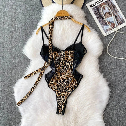 Women Hotsweet V-neck leopard slim Vintage Straps Bodysuits Chic lace Jumpsuits Slim Top Clothing - A-1 Thread Vault