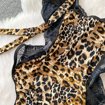 Women Hotsweet V-neck leopard slim Vintage Straps Bodysuits Chic lace Jumpsuits Slim Top Clothing - A-1 Thread Vault