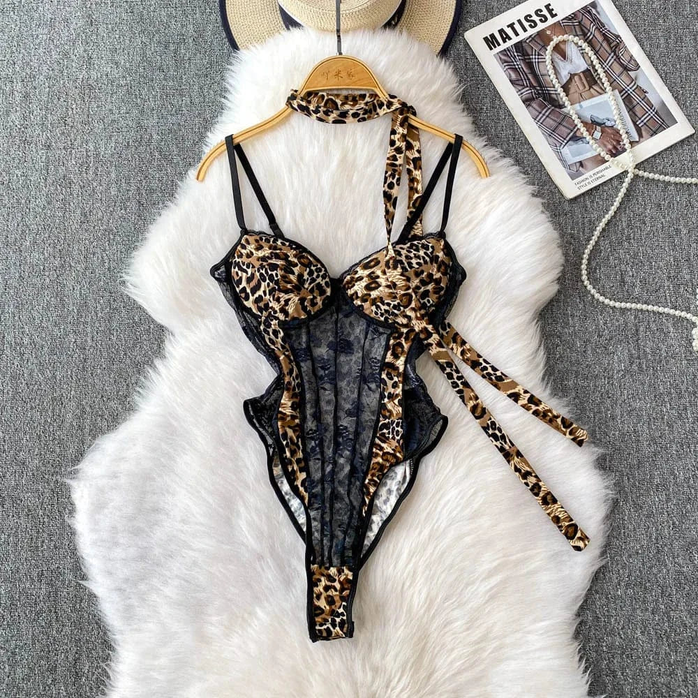 Women Hotsweet V-neck leopard slim Vintage Straps Bodysuits Chic lace Jumpsuits Slim Top Clothing - A-1 Thread Vault