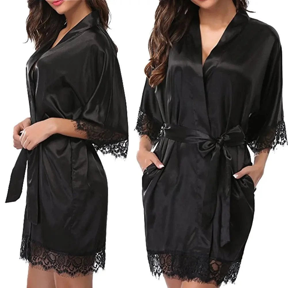 Women Ice Silk Pajamas Robes Sleepwear Nightgowns Nightdress Red Black L XL Lace Smooth Soft Comfortable Casual Pure Color - A-1 Thread Vault