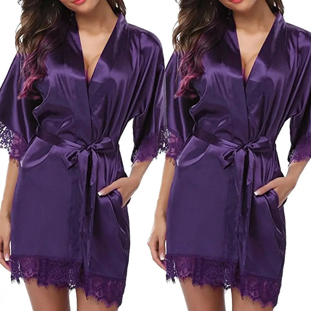 Women Ice Silk Pajamas Robes Sleepwear Nightgowns Nightdress Red Black L XL Lace Smooth Soft Comfortable Casual Pure Color - A-1 Thread Vault