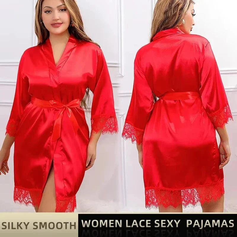 Women Ice Silk Pajamas Robes Sleepwear Nightgowns Nightdress Red Black L XL Lace Smooth Soft Comfortable Casual Pure Color - A-1 Thread Vault