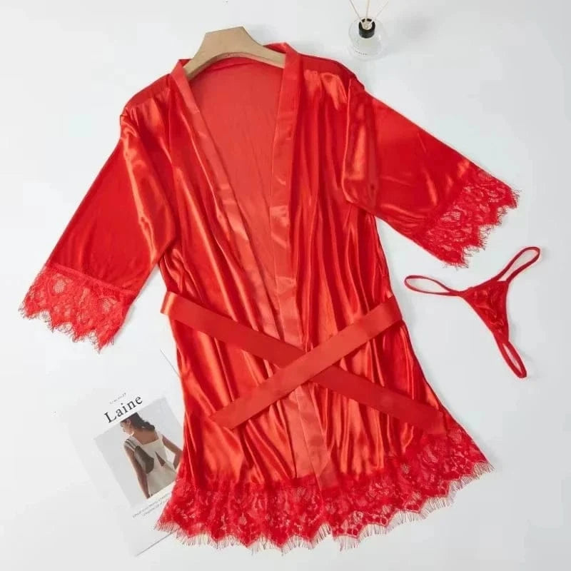 Women Ice Silk Pajamas Robes Sleepwear Nightgowns Nightdress Red Black L XL Lace Smooth Soft Comfortable Casual Pure Color - A-1 Thread Vault