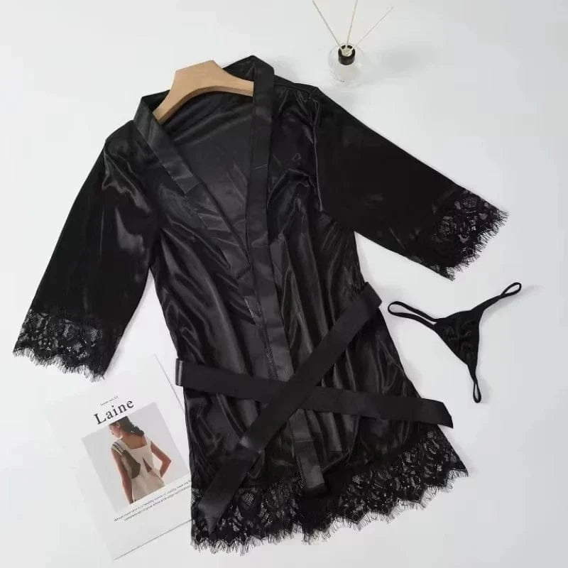 Women Ice Silk Pajamas Robes Sleepwear Nightgowns Nightdress Red Black L XL Lace Smooth Soft Comfortable Casual Pure Color - A-1 Thread Vault