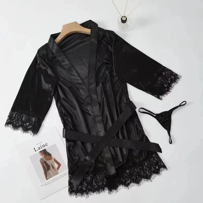 Women Ice Silk Pajamas Robes Sleepwear Nightgowns Nightdress Red Black L XL Lace Smooth Soft Comfortable Casual Pure Color - A-1 Thread Vault