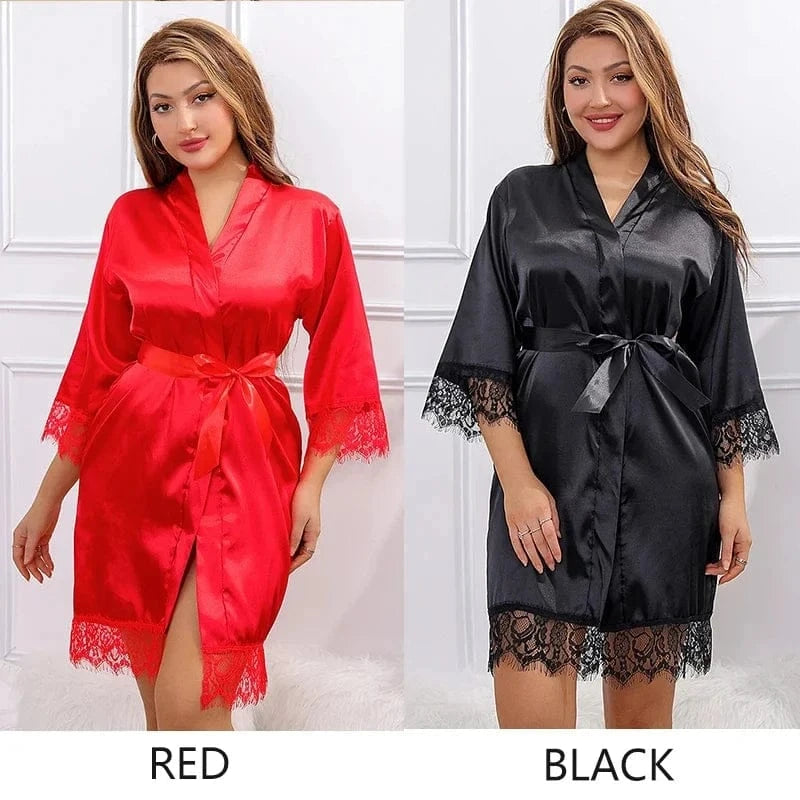 Women Ice Silk Pajamas Robes Sleepwear Nightgowns Nightdress Red Black L XL Lace Smooth Soft Comfortable Casual Pure Color - A-1 Thread Vault