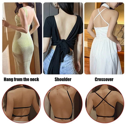 A product collage showing three styles of women's backless tops paired with three different ways to secure a backless bra strap, demonstrating configurations for neck, shoulder, and crossover support.