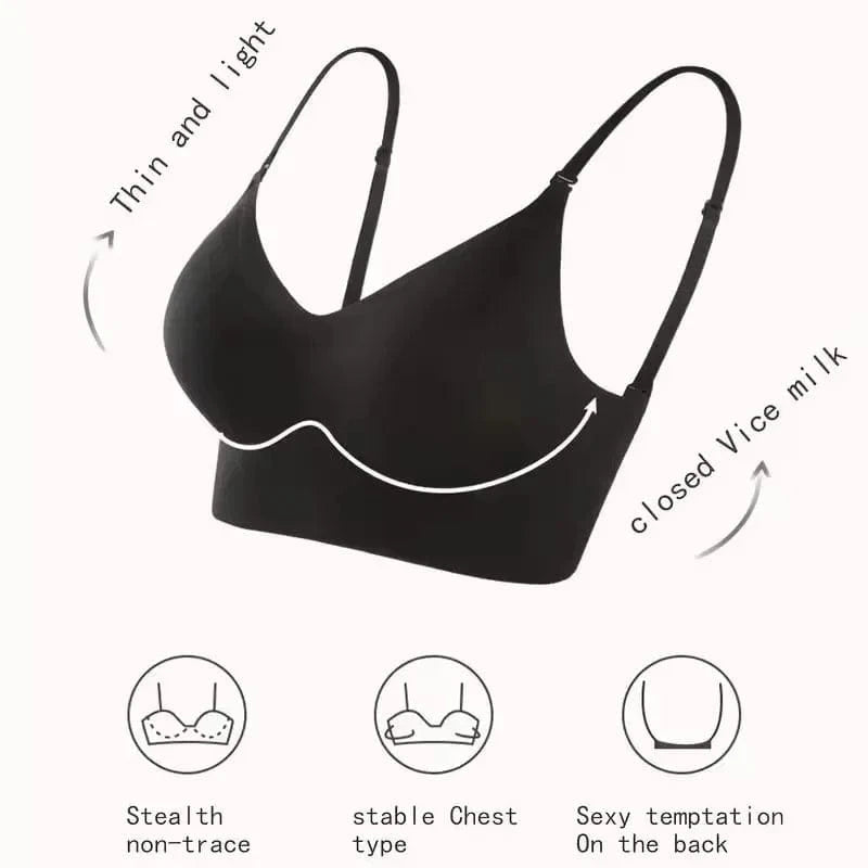 A black wireless bralette with thin adjustable straps, featuring a V-neckline and a smooth seamless design with three descriptive icons below detailing its fit and back style.