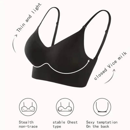 A black wireless bralette with thin adjustable straps, featuring a V-neckline and a smooth seamless design with three descriptive icons below detailing its fit and back style.