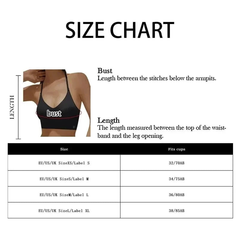 A size chart graphic shows a woman wearing a black sports bra and displays a table mapping sizes from XS to L to specific cup sizes.
