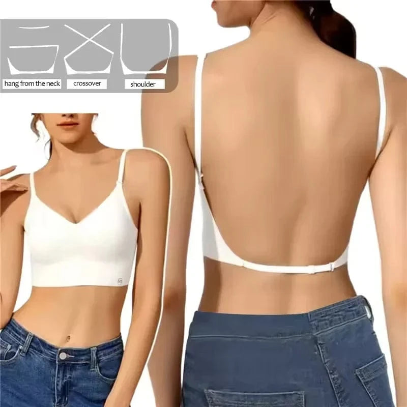 A white backless bralette with thin adjustable straps, shown from front and back views, with a small inset diagram illustrating different strap configurations.