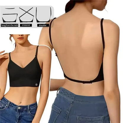 A black backless camisole crop top shown from the front and back, with an inset diagram demonstrating three different ways to wear the adjustable shoulder straps.