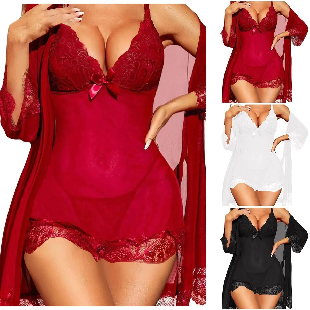 Women Lingerie Set 3 Piece Sexy Lace Underwear Briefs Nightdress Lingerie Dressing Gown Women Sexy Teacher Lingerie For Women - A-1 Thread Vault