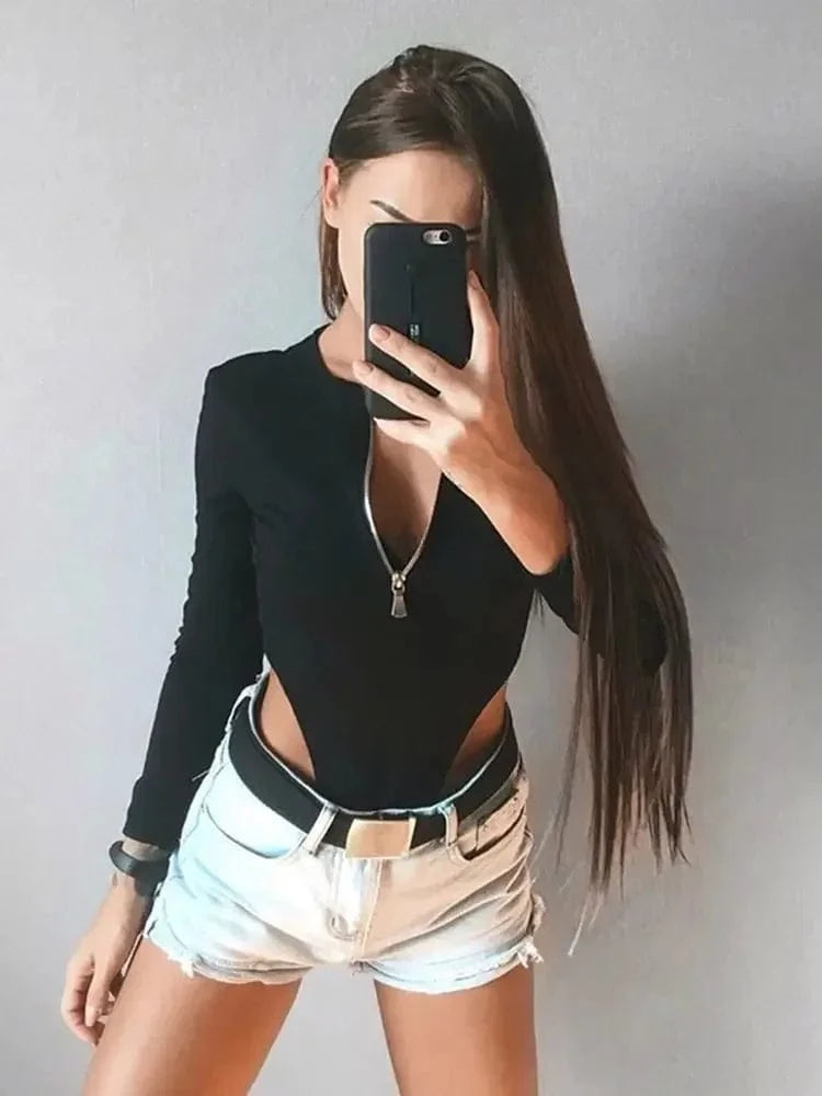 Women Long Sleeve Bodysuits Zip Up Thong Leotard Body Top Summer Fall Sexy Bodysuit Shirts Clubwear - A-1 Thread Vault