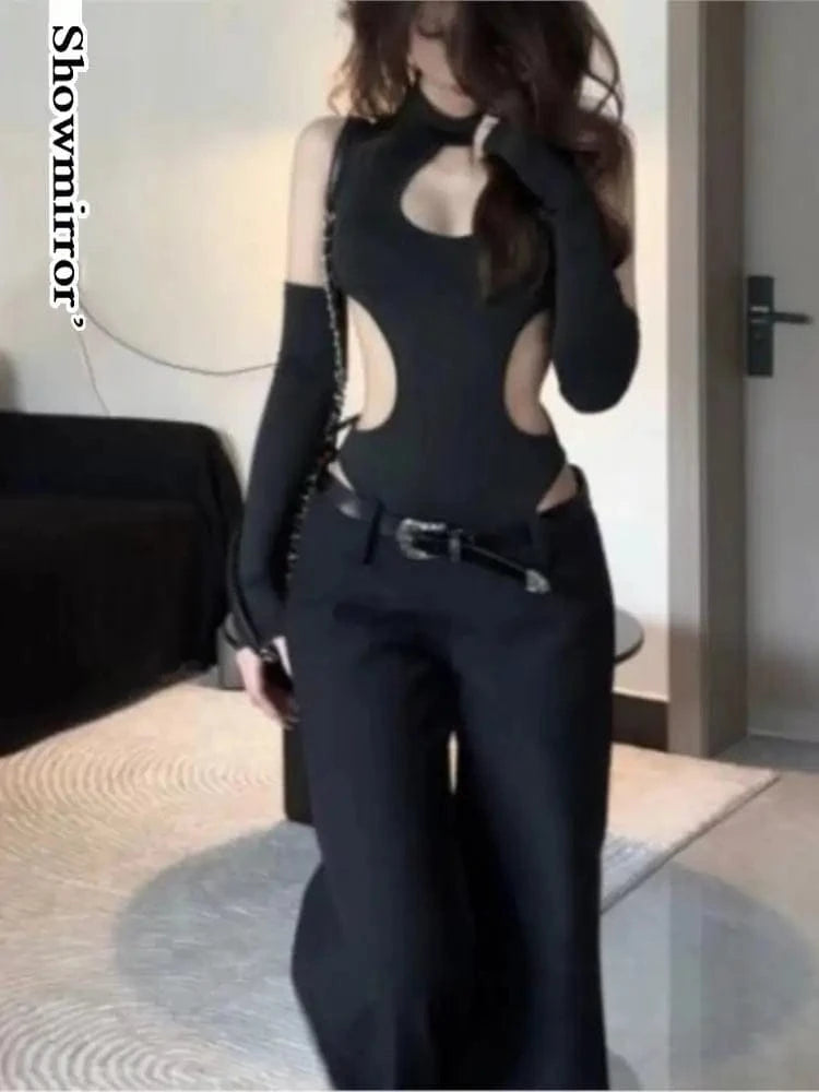 Women Long-sleeved Bodysuit Solid Color Hollow Off-shoulder Jumpsuit Gothic Harajuku Bodysuit Women Y2K Clothes Sexy Camisole - A-1 Thread Vault