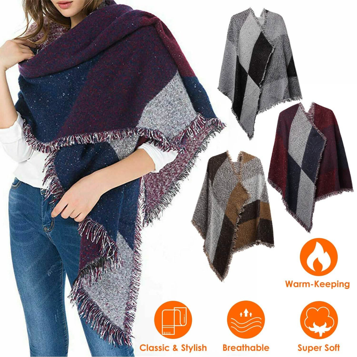Women Long Soft Knitted Shawl Extra Thick Plaid Blanket Wrap Cape - A-1 Thread Vault