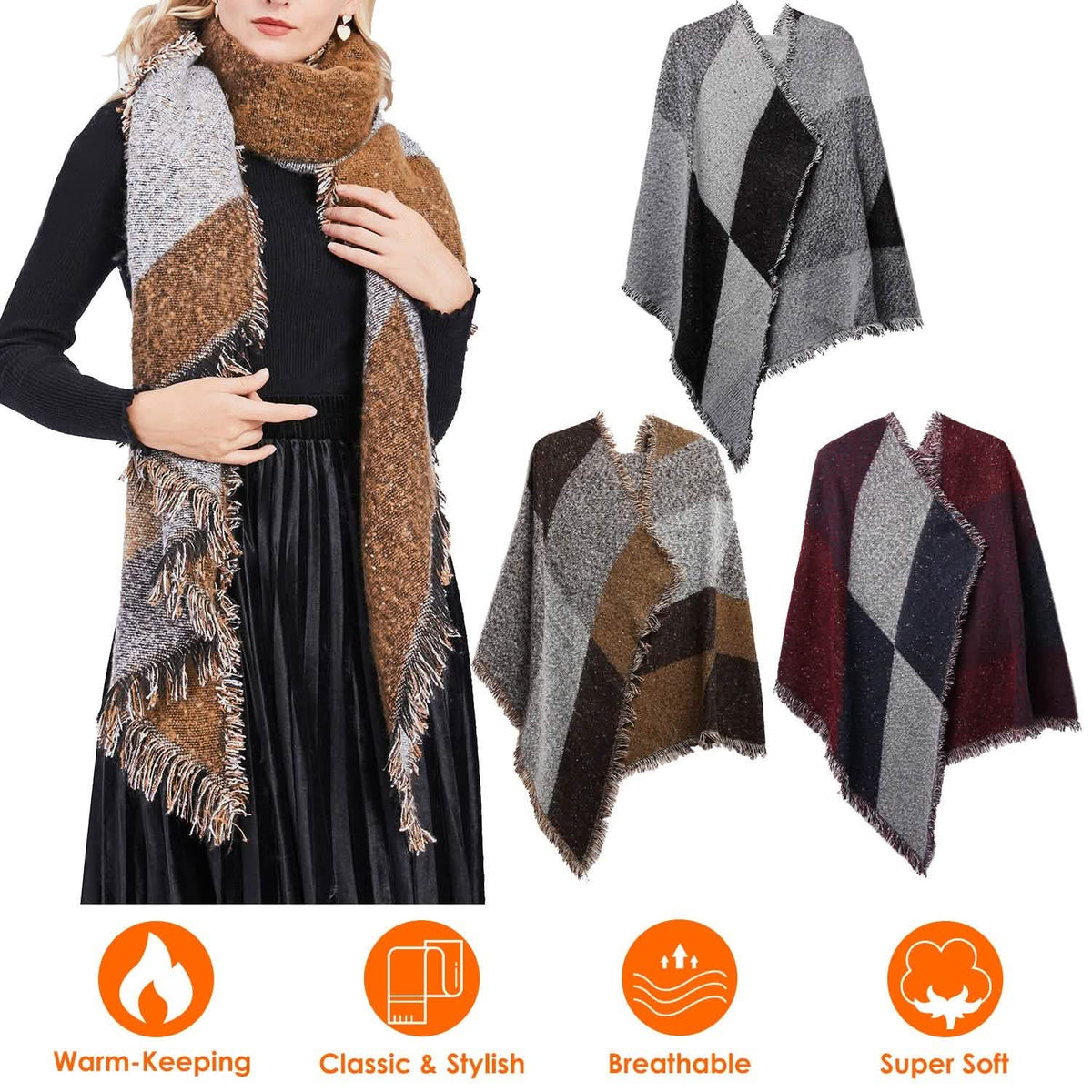 Women Long Soft Knitted Shawl Extra Thick Plaid Blanket Wrap Cape - A-1 Thread Vault