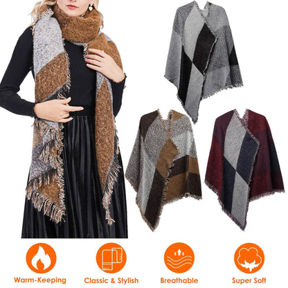 Women Long Soft Knitted Shawl Extra Thick Plaid Blanket Wrap Cape - A-1 Thread Vault
