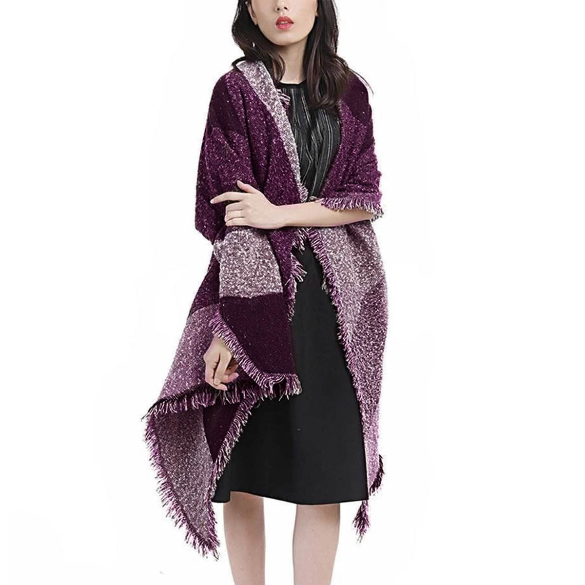 Women Long Soft Knitted Shawl Extra Thick Plaid Blanket Wrap Cape - A-1 Thread Vault