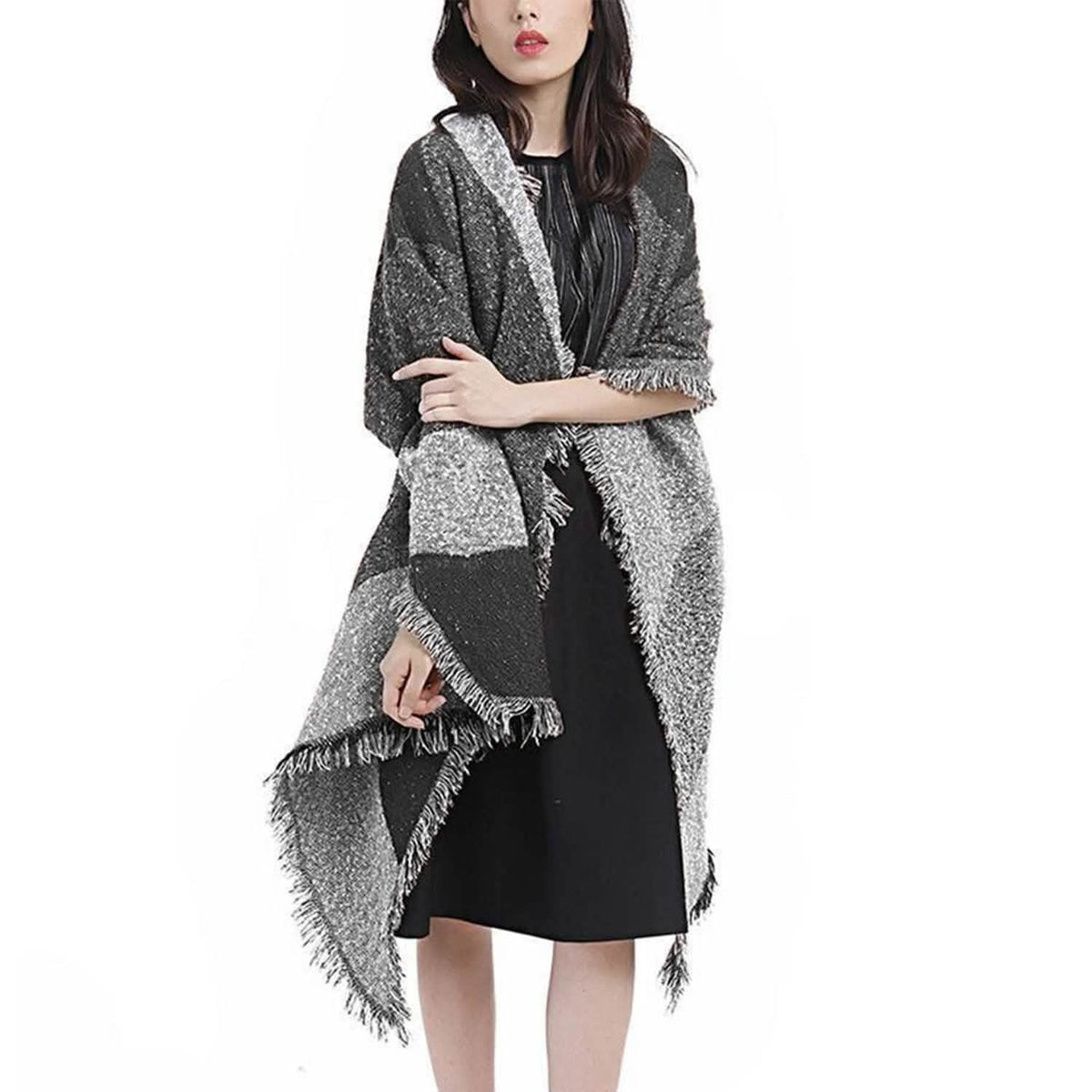 Women Long Soft Knitted Shawl Extra Thick Plaid Blanket Wrap Cape - A-1 Thread Vault