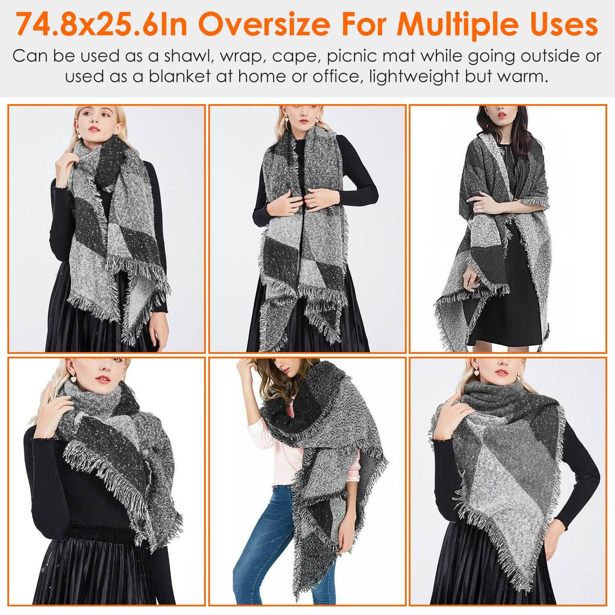 Women Long Soft Knitted Shawl Extra Thick Plaid Blanket Wrap Cape - A-1 Thread Vault