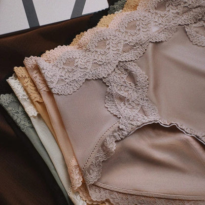 Women Luxury Lace Exquisite Sexy Mesh Transparent Satin Panties Elasticity Breathable Middle Waist Underwear Embroidery Breifs - A-1 Thread Vault